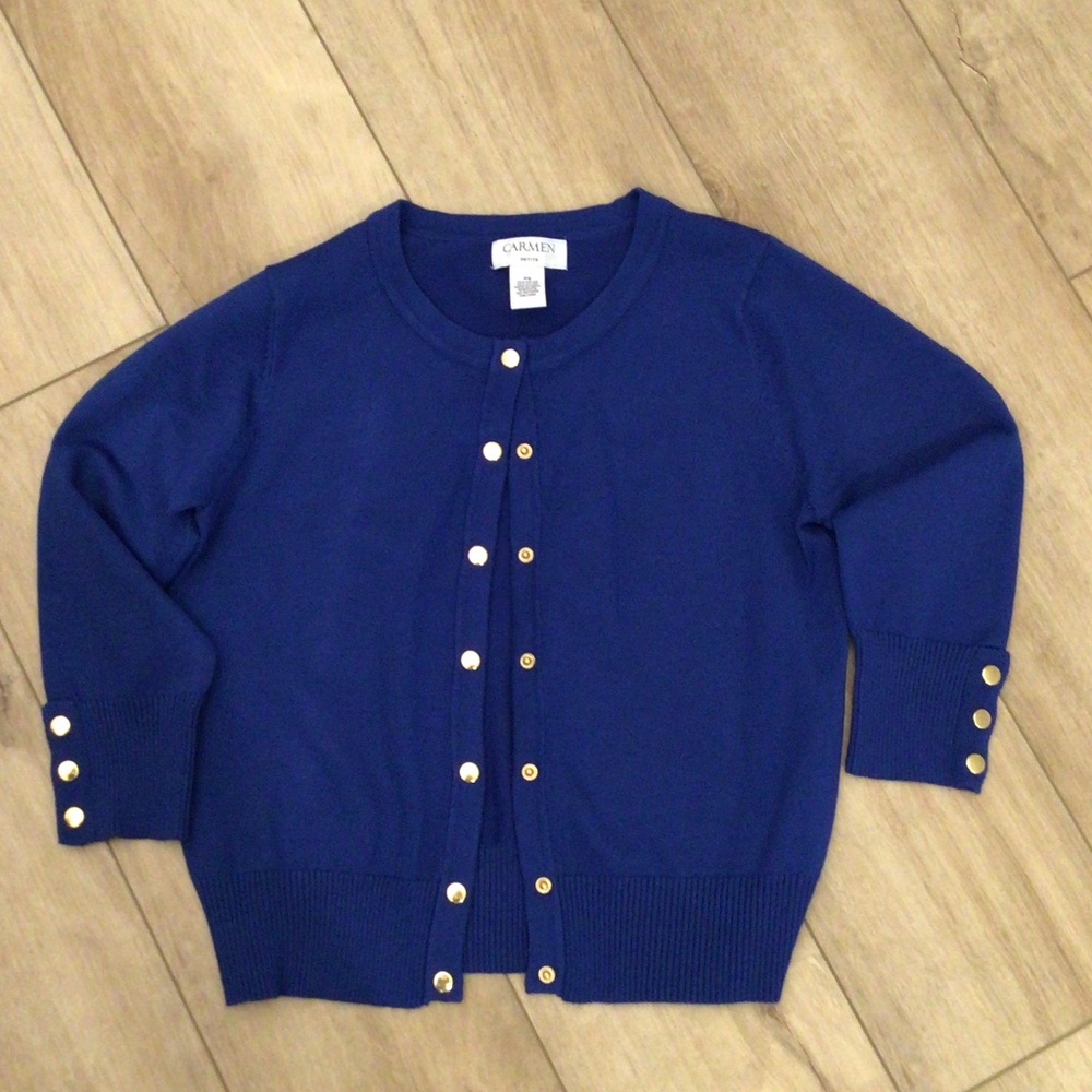 Carmen Marc Valvo Blue Cardigan with Gold Buttons